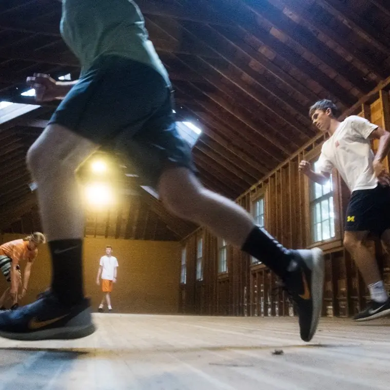 The game house in the woods, with room for wall tennis and badminton